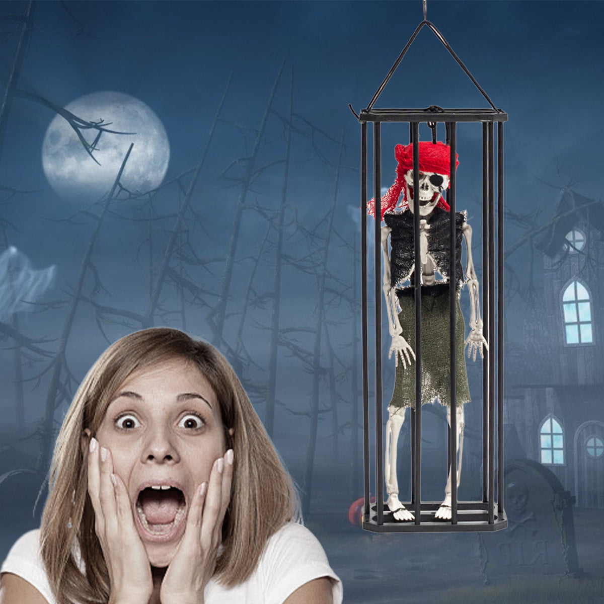 Konghyp Halloween Hanging Decoration Cage Ghost, Motion Activated Skeleton Prisoner, Creepy Party Prop for Haunted House, Animated Scare Device, Unique Halloween Decor