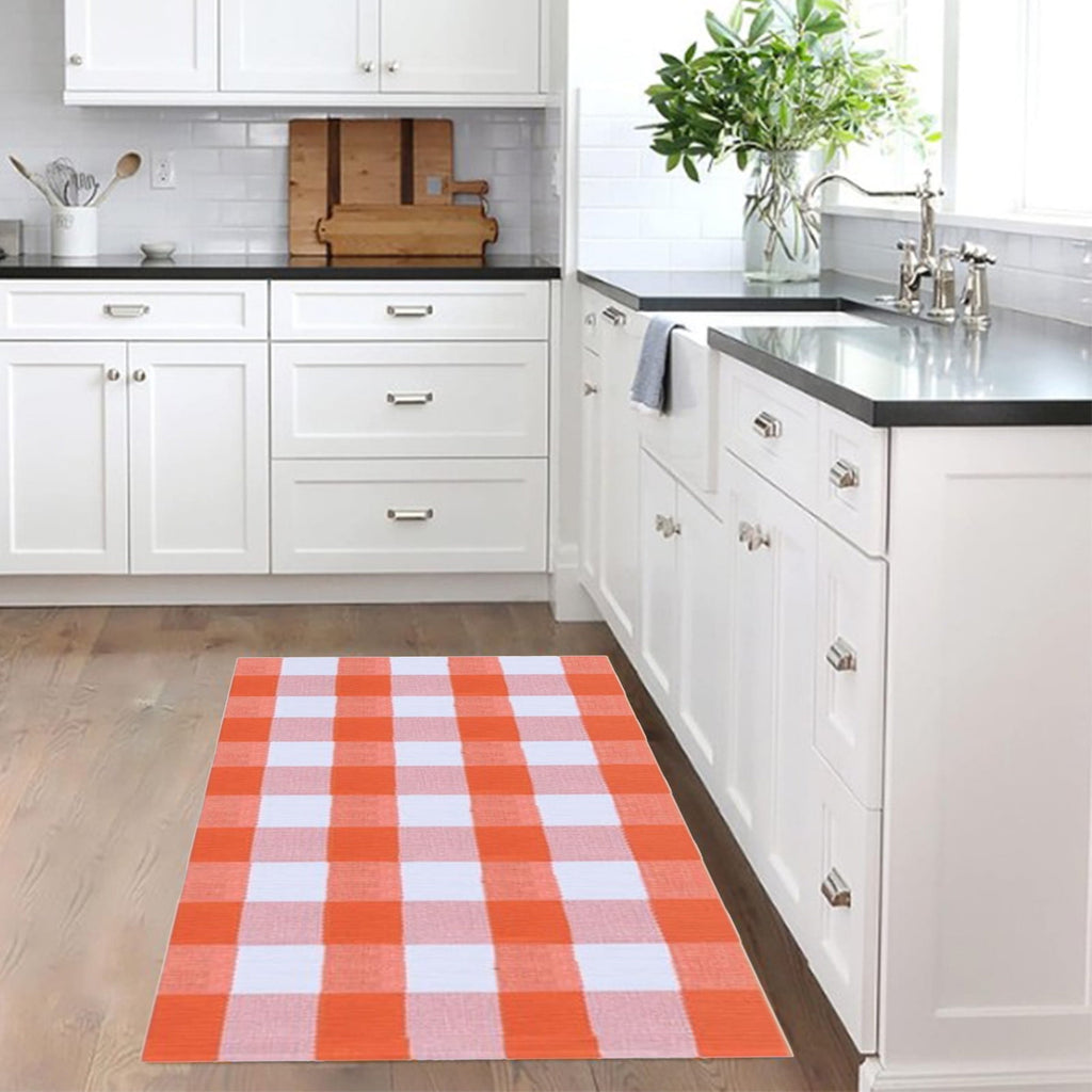Fnochy Halloween Door Mat Outdoor 23.6"x35.4", Fall Decor Buffalo Plaid Outdoor Rug, Farmhouse Checkered Layered Welcome Door Mat for Entryway, Halloween Front Porch Decor, Orange and White