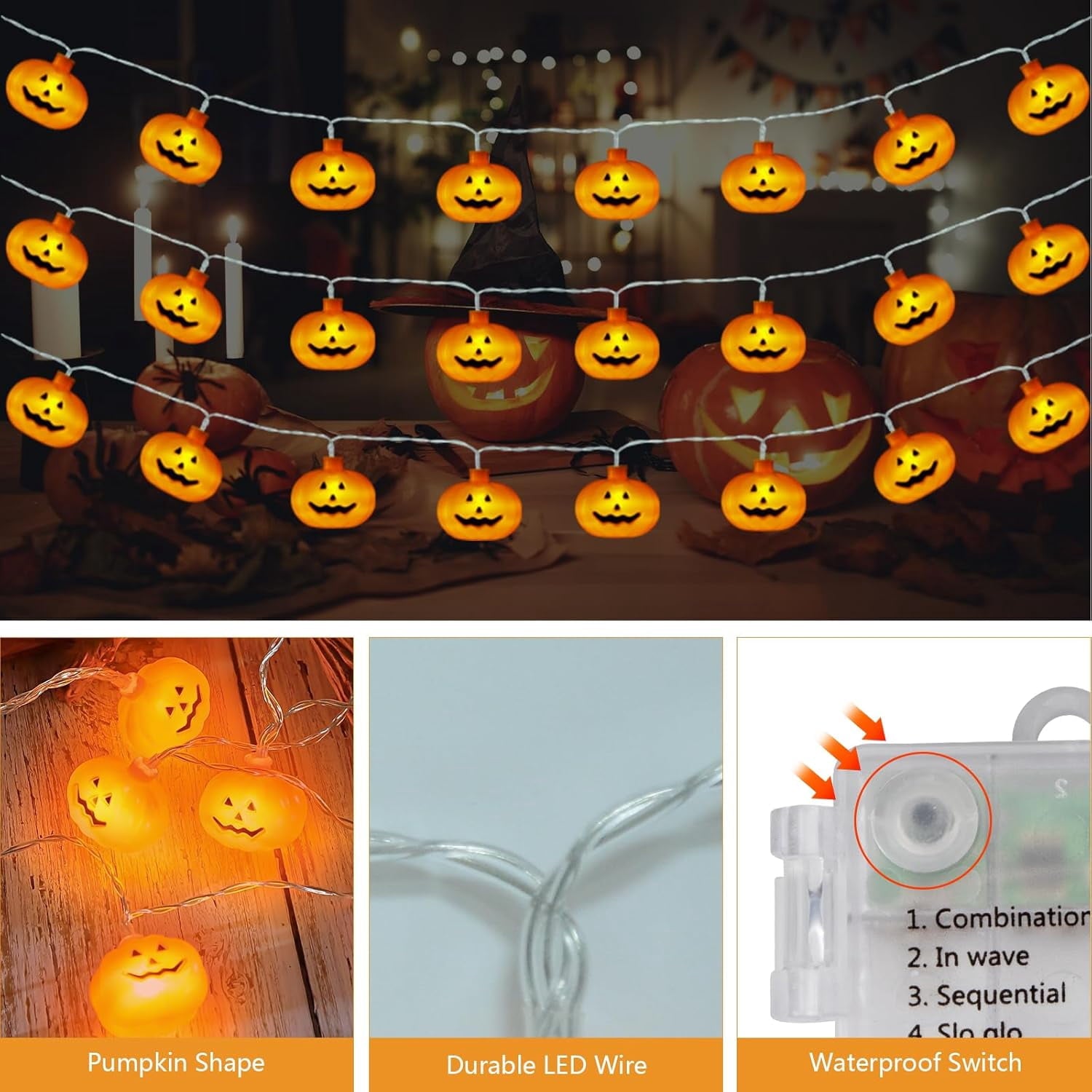 Qoosea Halloween Pumpkin String Lights, 20FT 40 LED 8 Mode Waterproof Pumpkin String Lights for Outside Decor Camper Party Indoor Bedroom Decorations