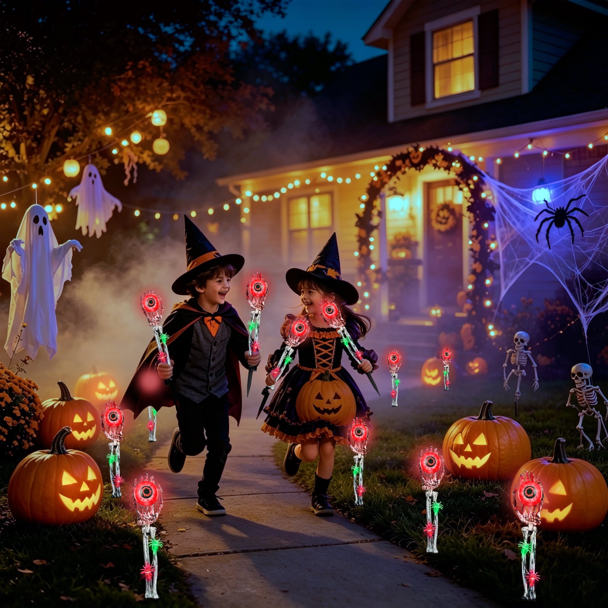 Toodour Halloween Pathway Lights Outdoor, Battery Operated Halloween Skeleton Hands with Light Up Eyeballs & Spiders, Waterproof Halloween Decor for Walkway Garden Yard Lawn, Red