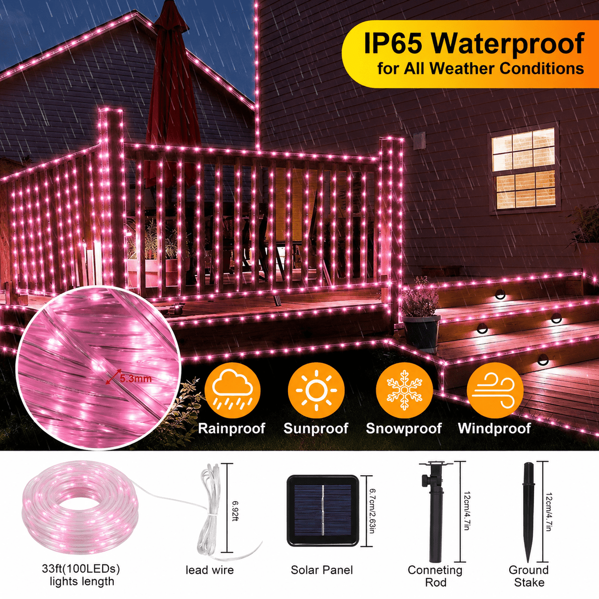 Solar Rope Lights Outdoor Waterproof 100LED Tube String Lights with USB Rechargeable Timer 8 Modes Dimmable Twinkle Fairy String Light for Trampoline Yard Pool Party Wedding Christmas