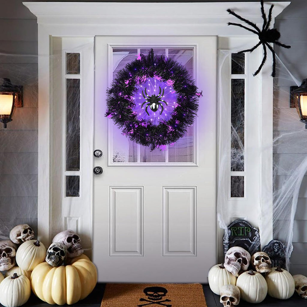 Halloween Wreath Halloween Spider Decorations Wreath with Lights, Halloween Spider Garland LED Halloween Door Wreath for Halloween Party, Halloween Decorations Outdoor Indoor Wall and Window