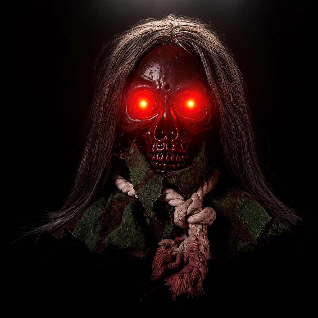 Moving Long Hair Hanging Skull Head Prop, Creepy Animated Halloween Skeleton Decor, Spooky Ornament for House, Party, Indoor Outdoor (Batteries Not Included)