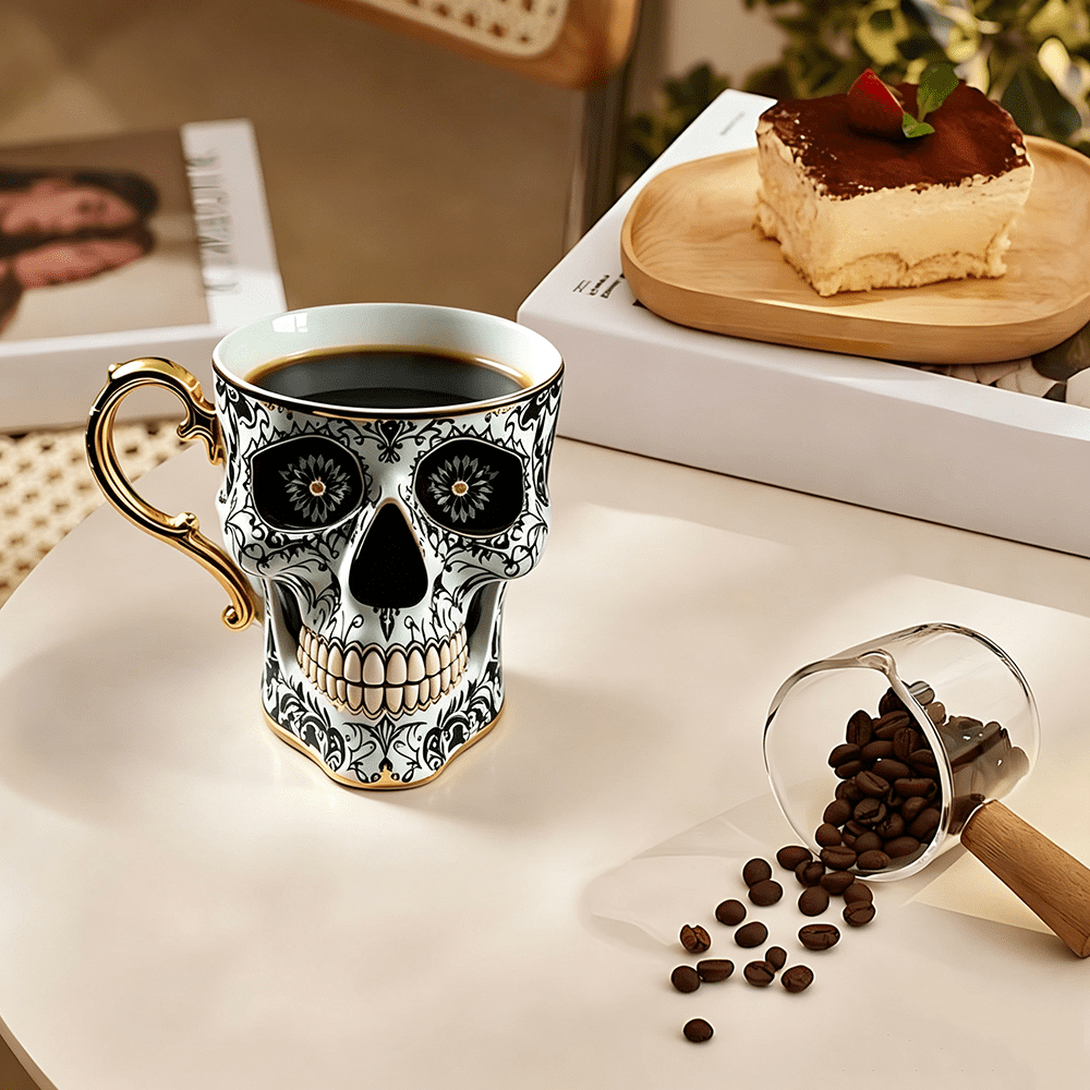 Skull Coffee Mug,Sparkly Skull Coffee Mug Gothic Tea Cups ,Skull Coffee Cup,Gothic Porcelain Tea Cup With Gold Trim, Skullcoffee Mug Halloween Gifts, Great For Coffee Lovers Unique Gift
