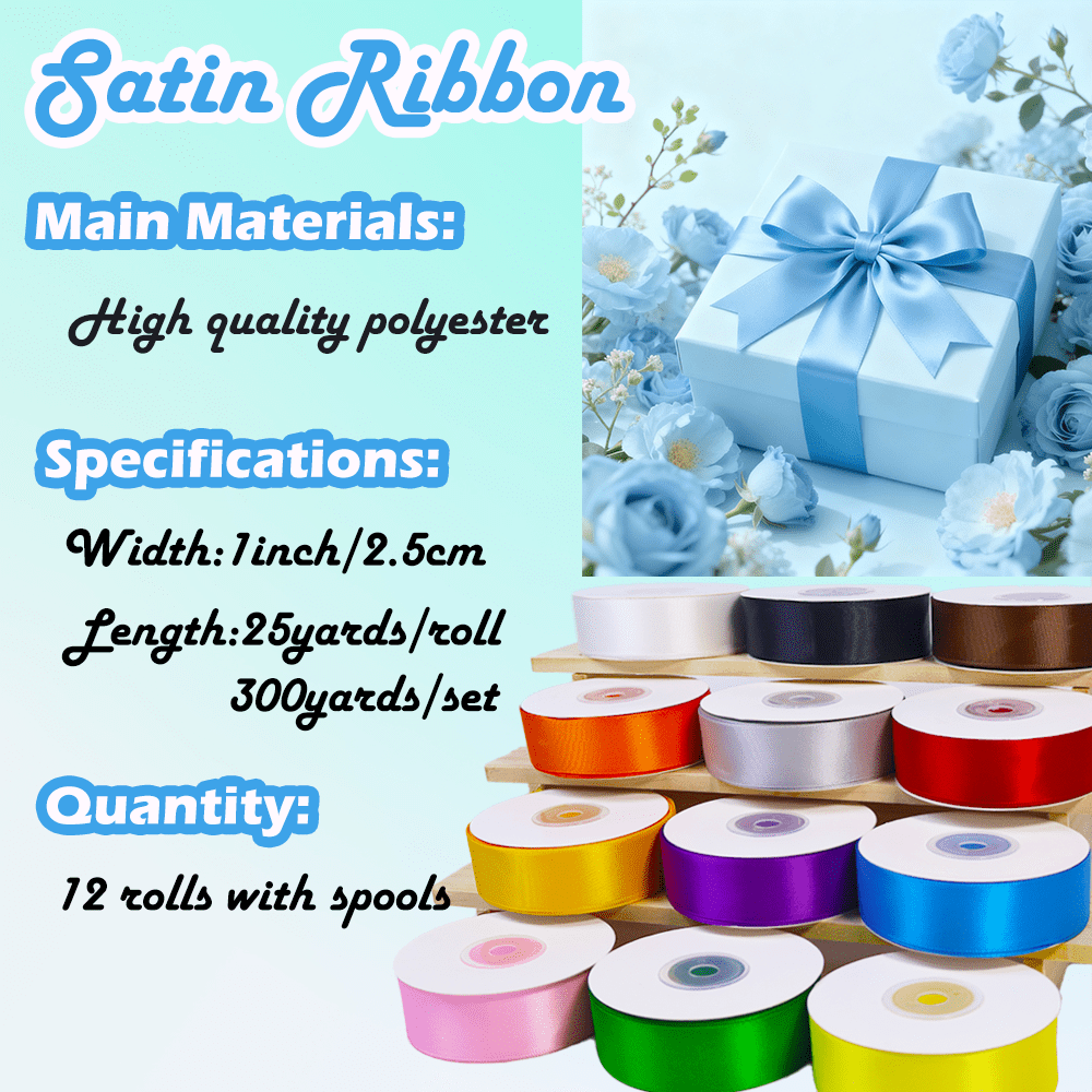 Yarniss Satin Ribbon Roll, 3/8 Inch, Double Faced Polyester, 20 Rolls, 100 Yards, for Crafts & Gift Wrapping