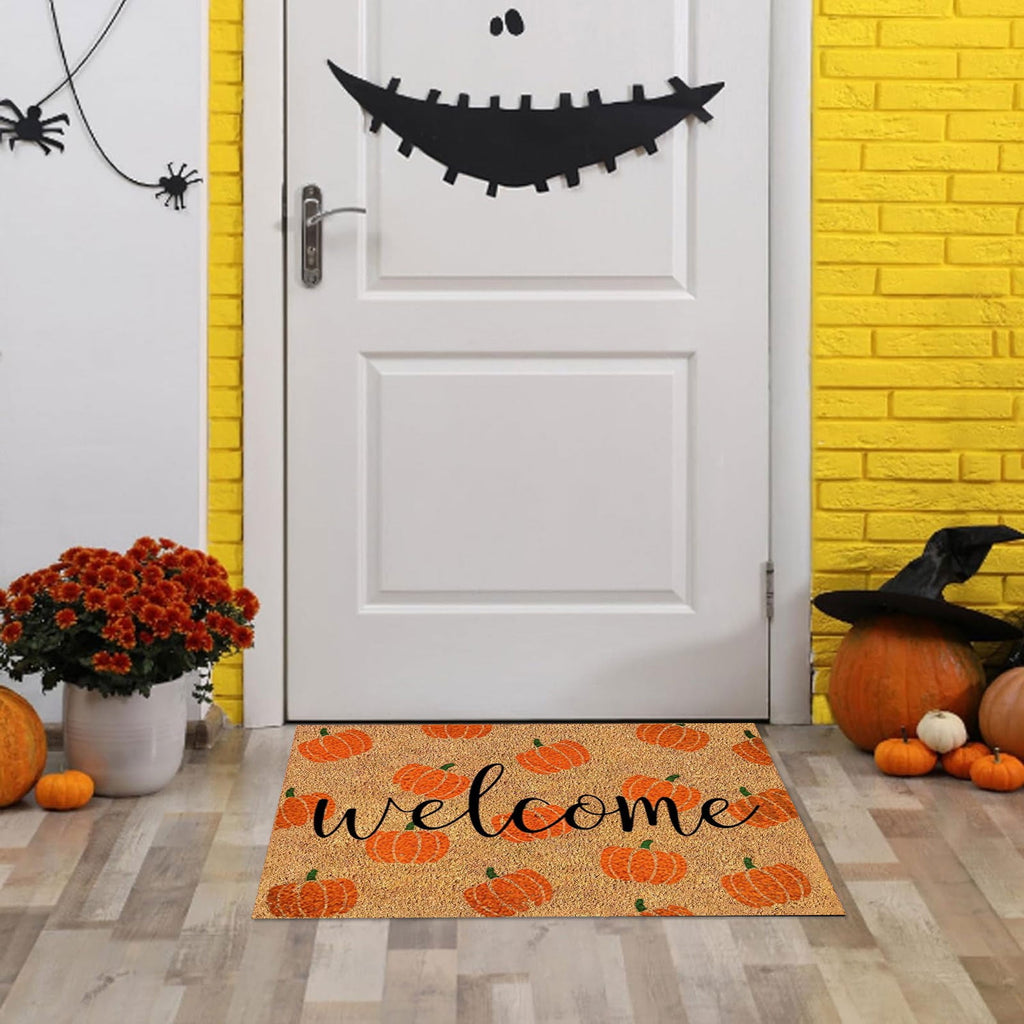 Uanit Fall Coir Doormat Welcome Pumpkins Door Mat Non-Slip Farmhouse Floor Mats Autumn Decorative Entrance Door Rugs for Halloween Thanksgiving Indoor Outdoor Bathroom Porch Decor, 15.7 x 23.6 Inch