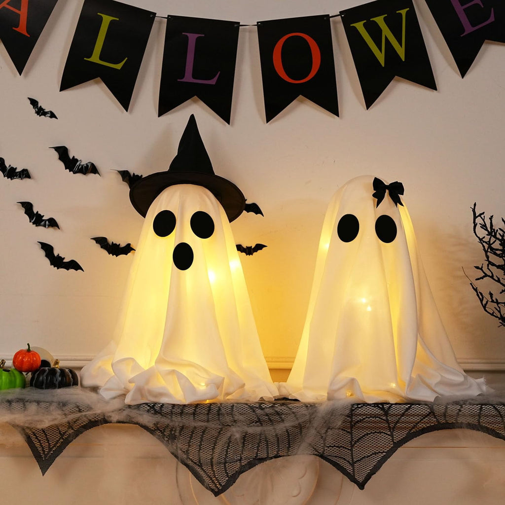 TETOU 2pcs Halloween Scary White Ghost Decor , Light Up DIY Scary White Ghost with Timer for Halloween Indoor Home Tabletop Mantel Decorations