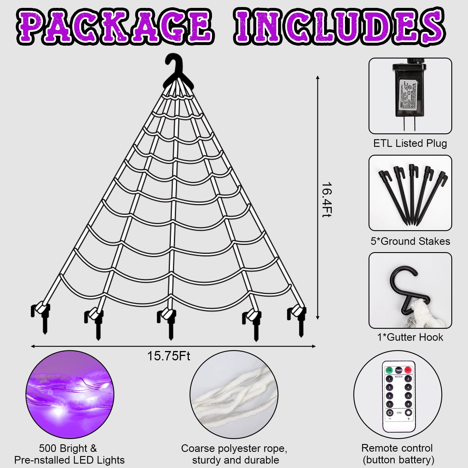 Scidweet Halloween Decorations Outdoor, 500 LED Halloween Giant Spider Web Lights for Garden Yard Porch Home Decor, Purple White