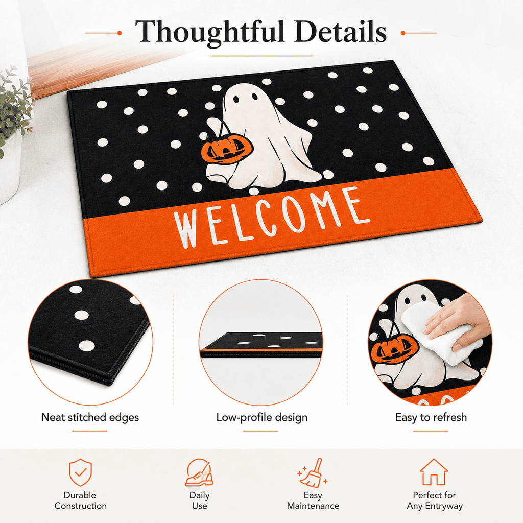 Halloween Ghost Welcome Printed Doormat, Entrance Rug with Skidproof Rubber Backing for Halloween Front Porch Entryway Indoor Outdoor Decor,50x80cm