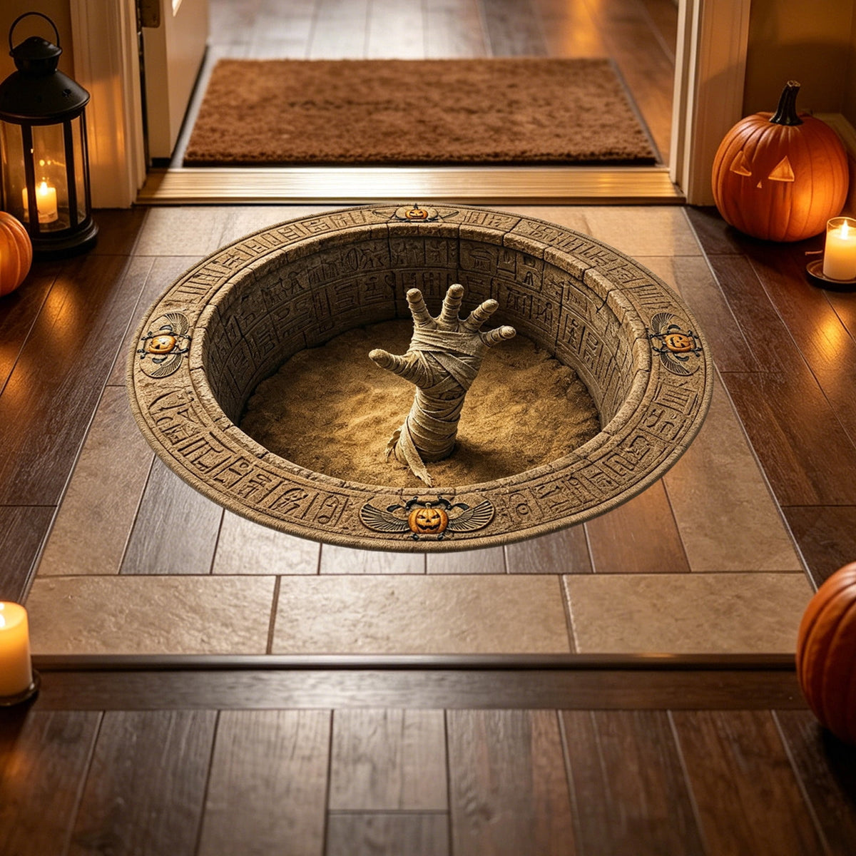 3D Optical Illusion Halloween Round Doormat,Vortex Tunnel Optical Illusion Printing Design,Giant Furry Red-Eyed Black Spider and White Spider Web,24"