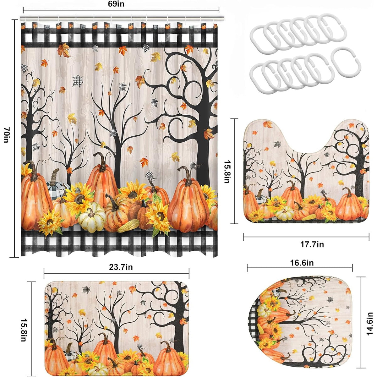 FRAMICS 16-Piece Fall Shower Curtain Sets with Rugs, Maple Leaves Pumpkin Bathroom Sets, Waterproof Fabric Bathroom Curtain Decor with Hooks