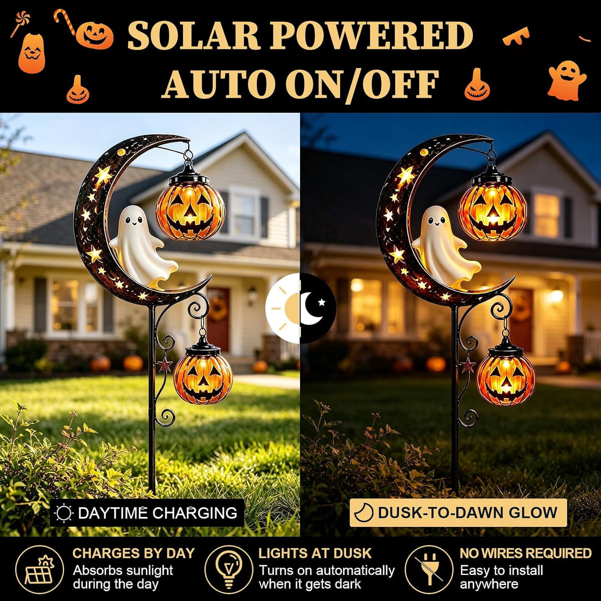 Solar Halloween Black Cat & Pumpkin Moon Garden Stake Light | Waterproof Metal Black Cat Yard Ornament, Auto On Off Solar Outdoor Light, Fall Halloween Decor Stake for Lawn Patio Pathway