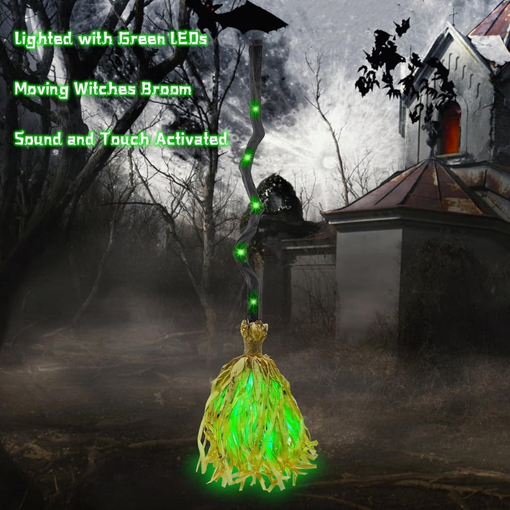 Witch Broom Halloween Decor - Animated Light Up Moving Broomstick with Spooky Sounds | Dancing for Home, Porch & Party 1PC