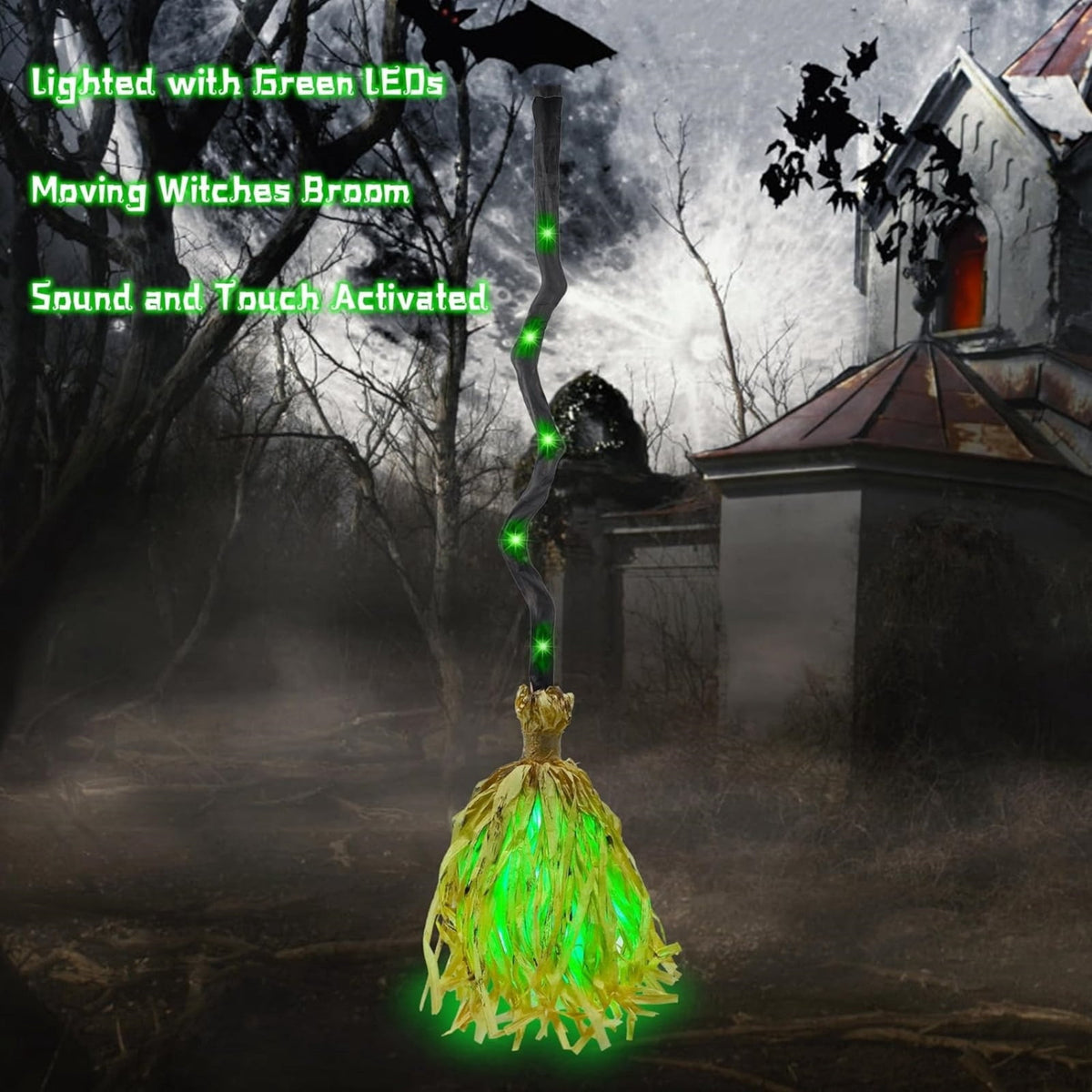 Witch Broom Halloween Decor - Animated Light Up Moving Broomstick with Spooky Sounds | Dancing for Home, Porch & Party 1PC