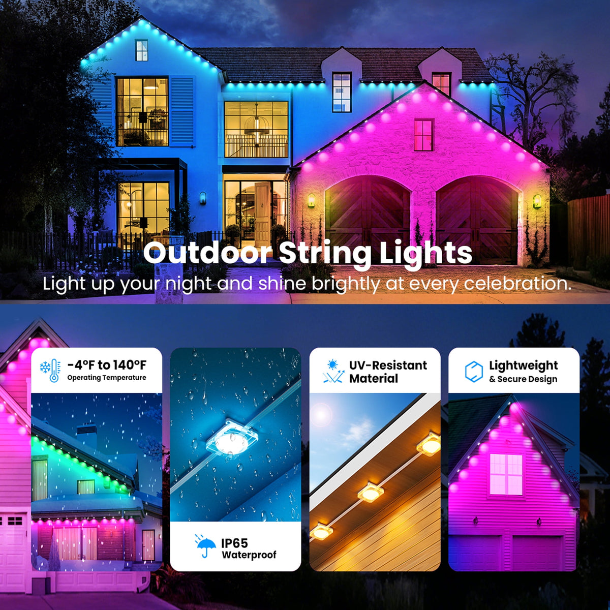 DAYBETTER 200ft Permanent Outdoor Lights, RGB Eaves String Lights with 100LED, Remote/APP Control, IP65 Waterproof, for Garden Halloween Christmas Party Decorations