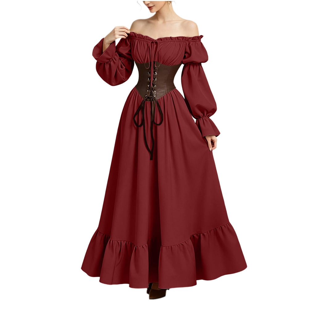 QATAINLAV Renaissance Costume Women Vintage Medieval Dress Cold Shoulder Short Sleeve Peasant Pirate Irish Maxi Dresses, Black, L