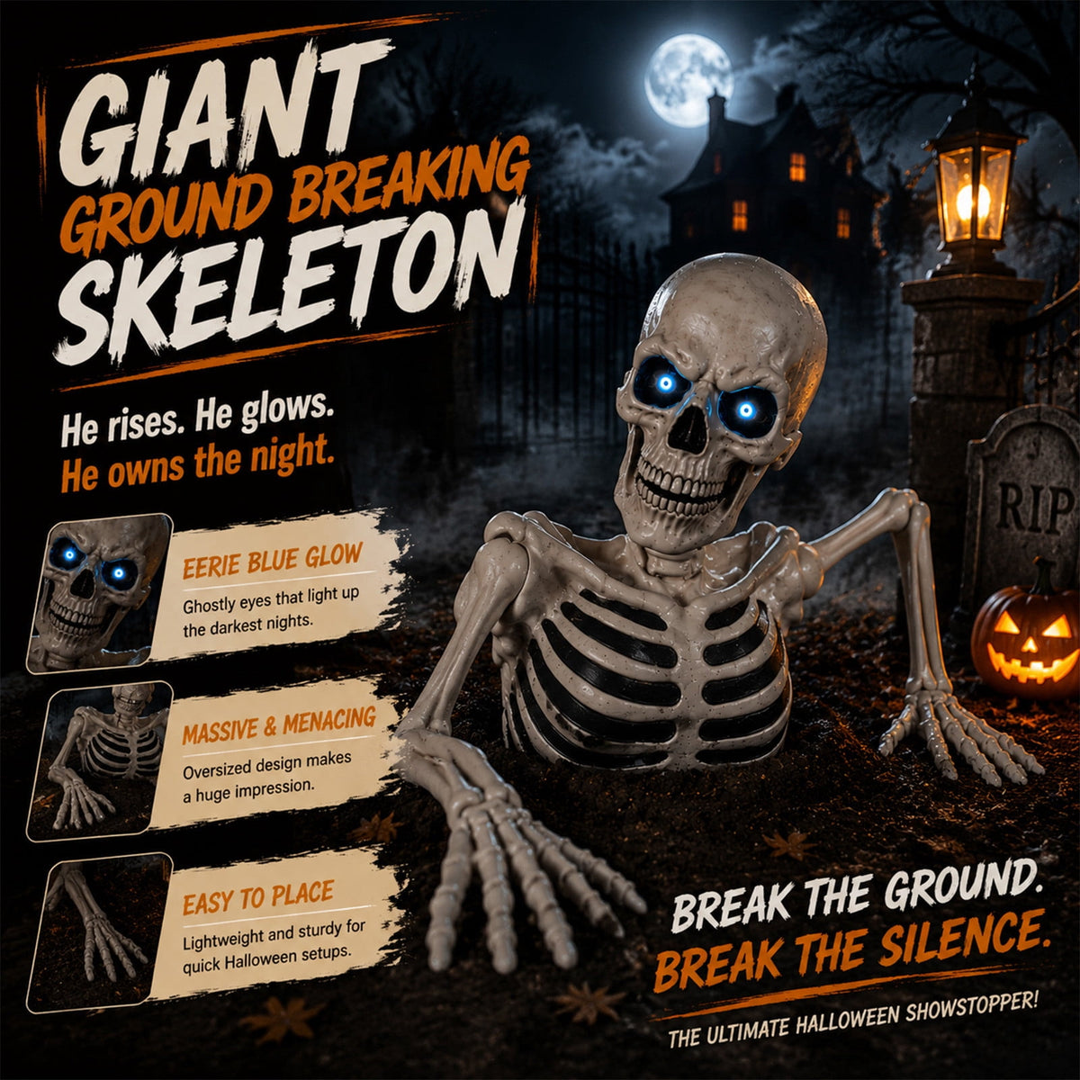 Ground Breaking Skeleton with LCD Eyes, Halloween Prop, 12 Inch Animated Ghost Skeleton with Sound Activated Glowing Eyes, Outdoor Graveyard Haunted Yard Spooky Party Decoration