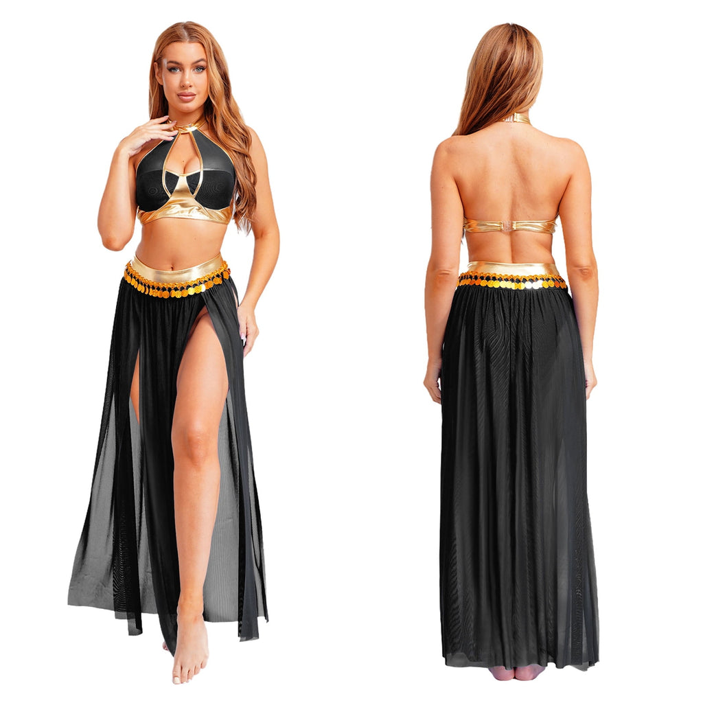 YiZYiF Women's Belly Dance Costume Halter Crop Top with Sequin Tassel Split Mesh Long Skirt 2Pcs Set Red A S