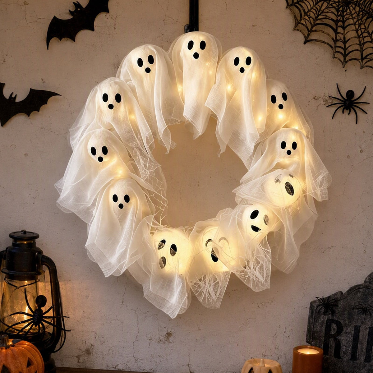 Halloween Glowing Ghost Wreath, Light-up Spooky Wreath with 12 Ghost Decor, RC, 6H Timer, Ideal for Halloween Party (A 12x3inch)