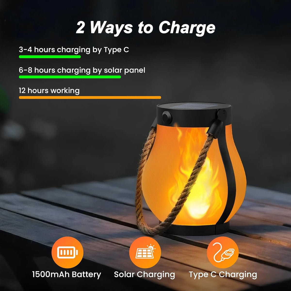 Gkcity Solar Lanterns Outdoor with Ultra-Real Flame, Dual Charging (USB/Solar) & 2 Modes - Waterproof Decorative Hanging/Table Lights for Yard Patio Garden Gift Halloween Easter Decoration, 1 Pack