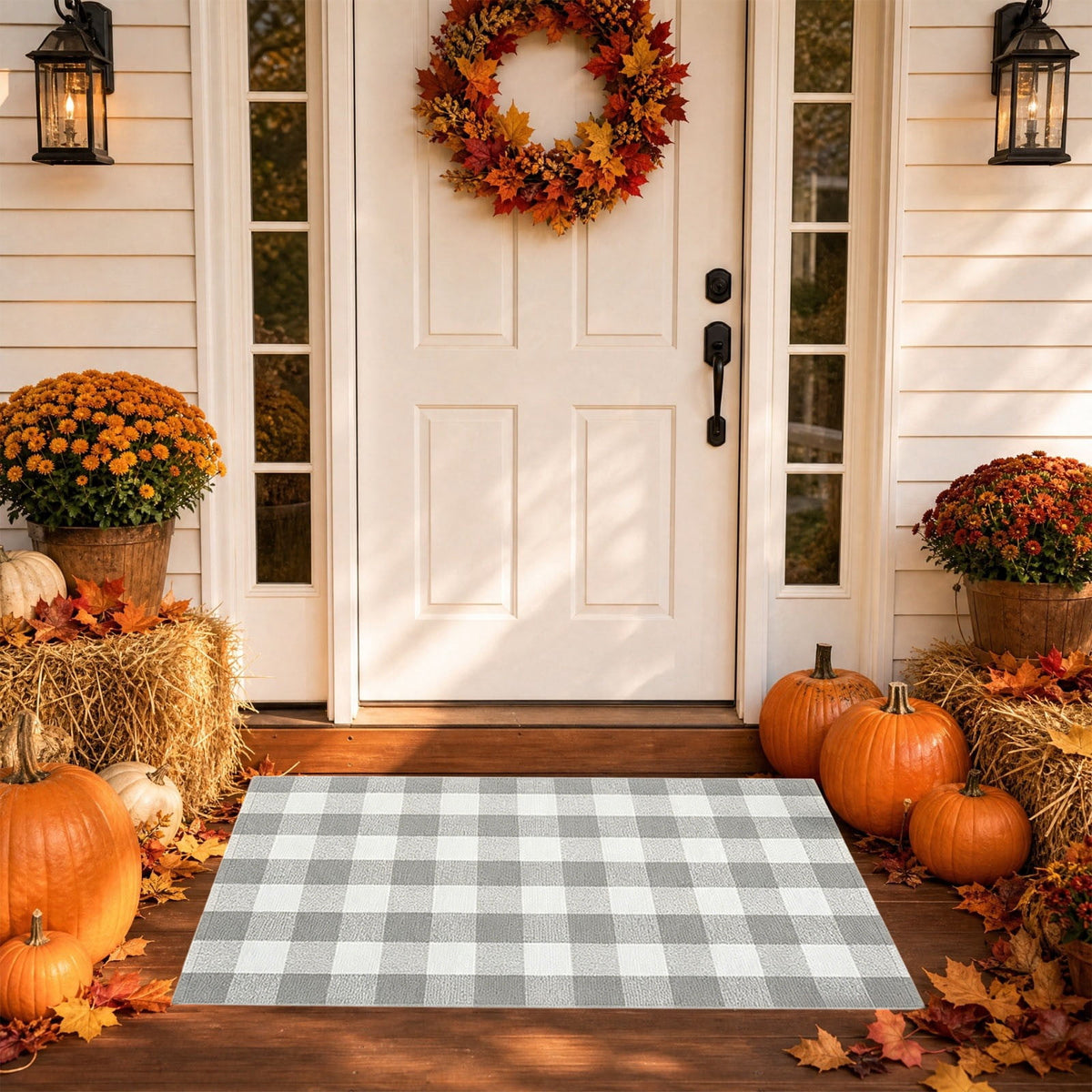 Orange Plaid Fall Outdoor Mat, Hand-Woven Porch Rug for Thanksgiving Halloween Door Decor