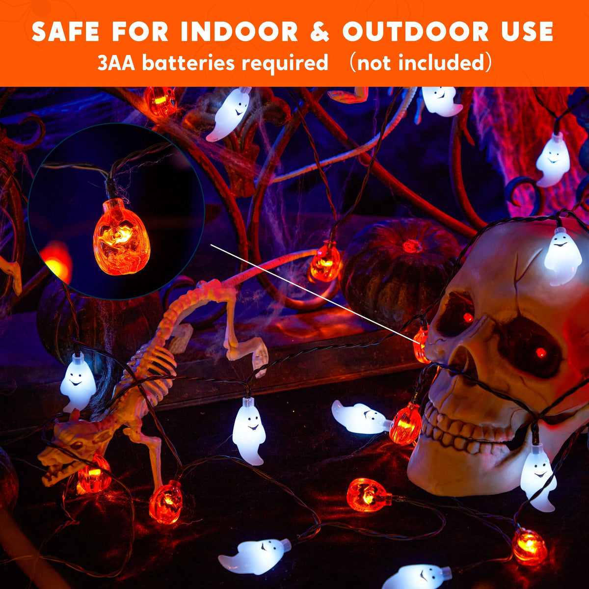 Joyfy 19.7ft Halloween Lights,30 LED Waterproof 3D Pumpkin Ghost Battery Operated String Lights with Timer 8 Lighting Modes Fairy Light for Window Indoor Outdoor Decor Halloween Party Decorations