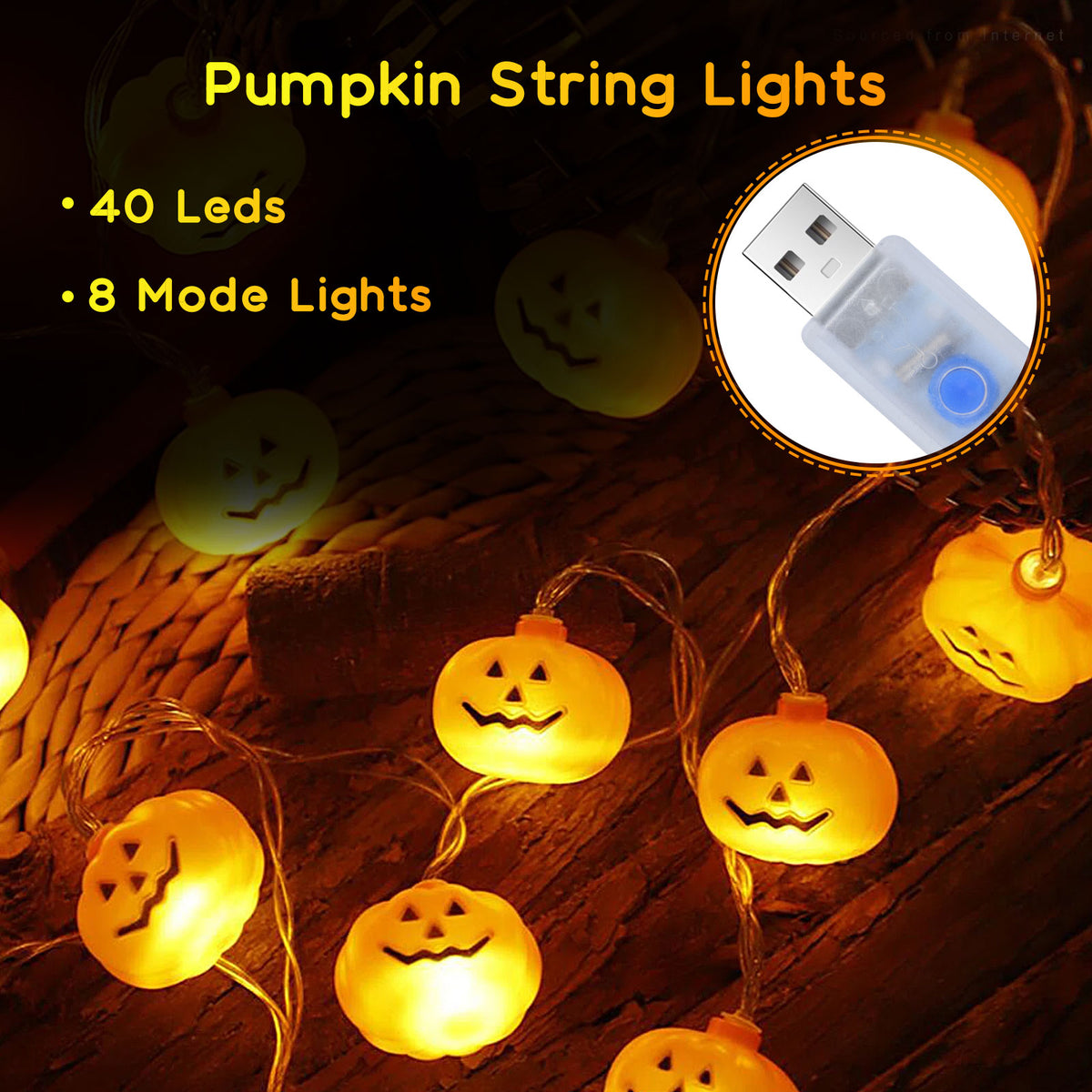Qoosea Halloween Pumpkin String Lights, 20FT 40 LED 8 Mode Waterproof Pumpkin String Lights for Outside Decor Camper Party Indoor Bedroom Decorations