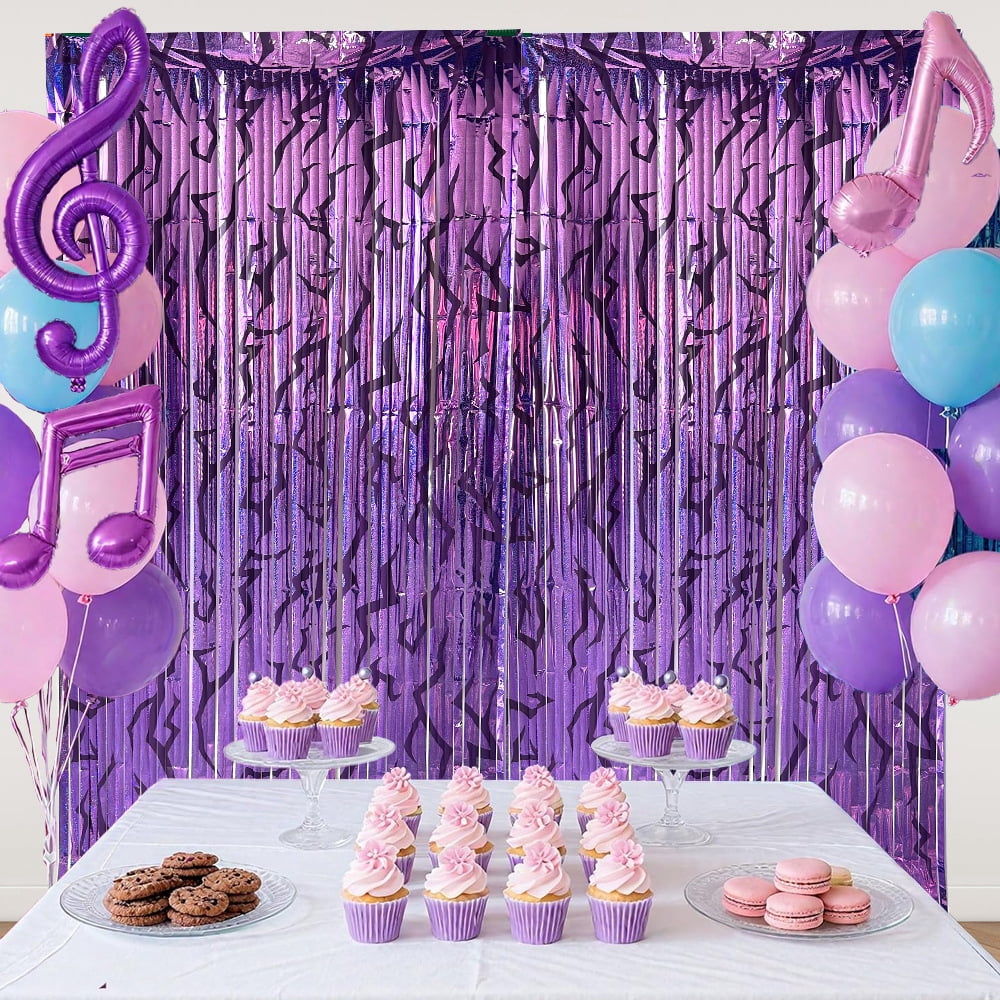 3PCS Foil Fringe Curtains Purple Gradient Holographic Backdrop with Demon Energy Pattern, 6.6ft Streamer Decorations for Birthday Graduation Bachelor Party
