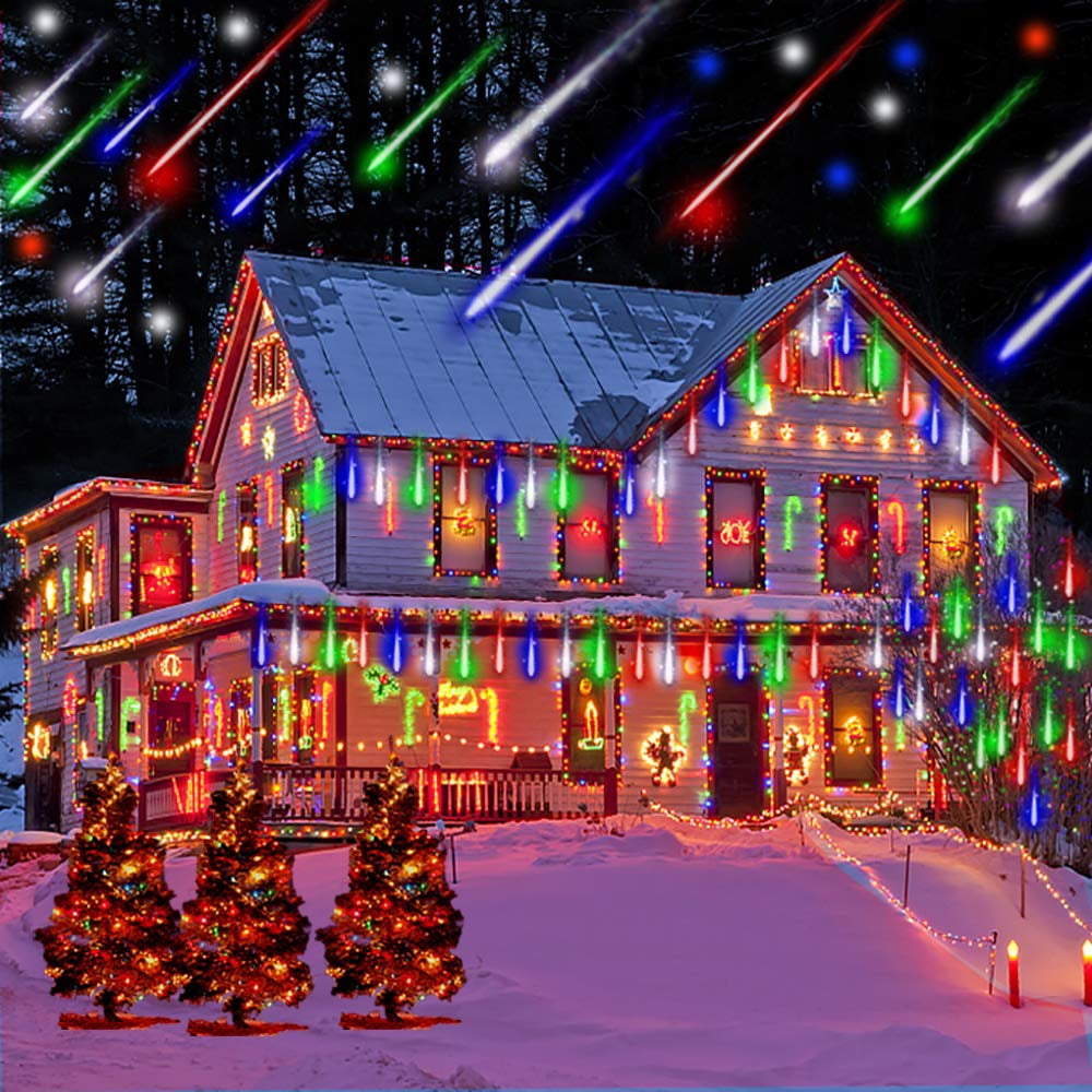Kwaiffeo Christmas Lights, Meteor Shower Lights 12 inch Rain Falling Icicle Lights for Xmas Tree Halloween Decoration Wedding Party, Christmas Decorations Outdoor Yard, UL Plug Warm White