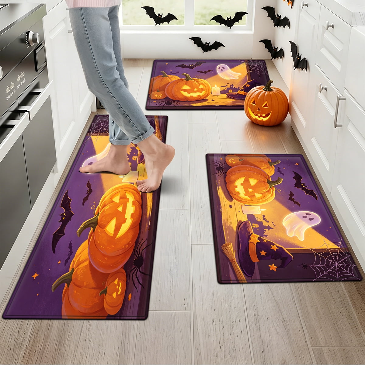 YIMEIS Halloween Pumpkin Lantern 3Pcs Flannel Mat & Kitchen Rugs Set,16''×24'' 20''×30'' 17''×47'' Inches,Soft Non-slip for Home Bathroom