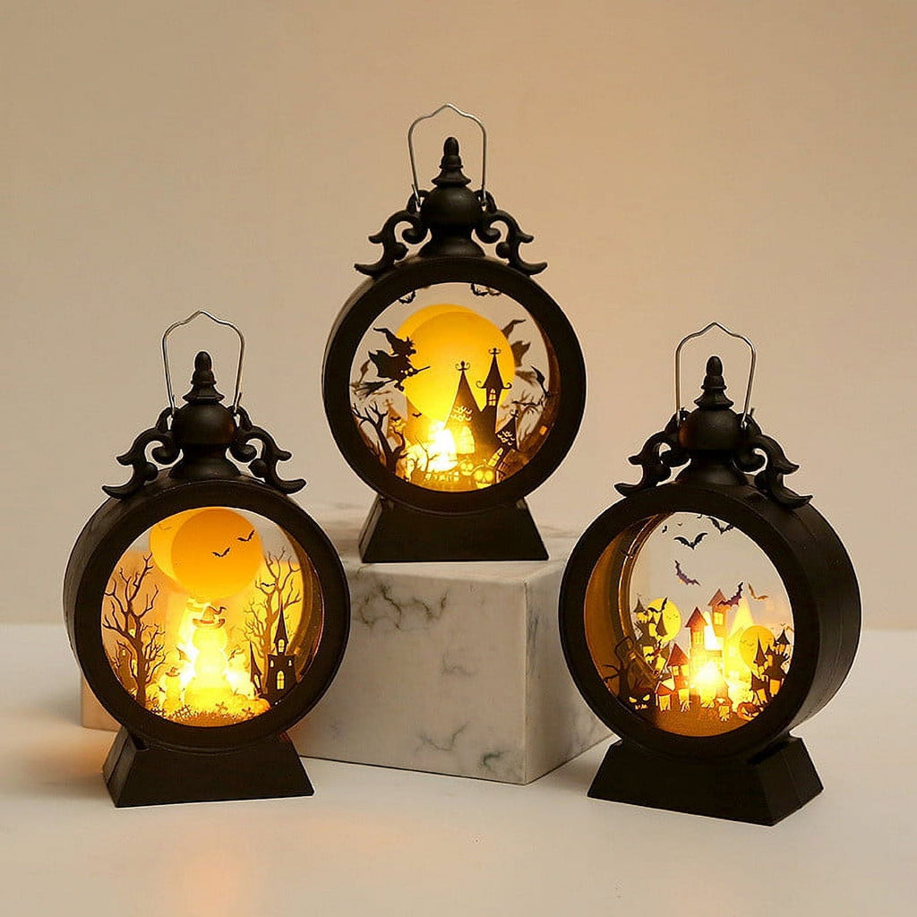 HHBEAUTY Halloween Hanging Lantern, Halloween Lights Lantern Set with Flameless Candle Vintage Pumpkin Witch’s Castle Lanternst for Halloween Party Spooky Scary Scene Decor