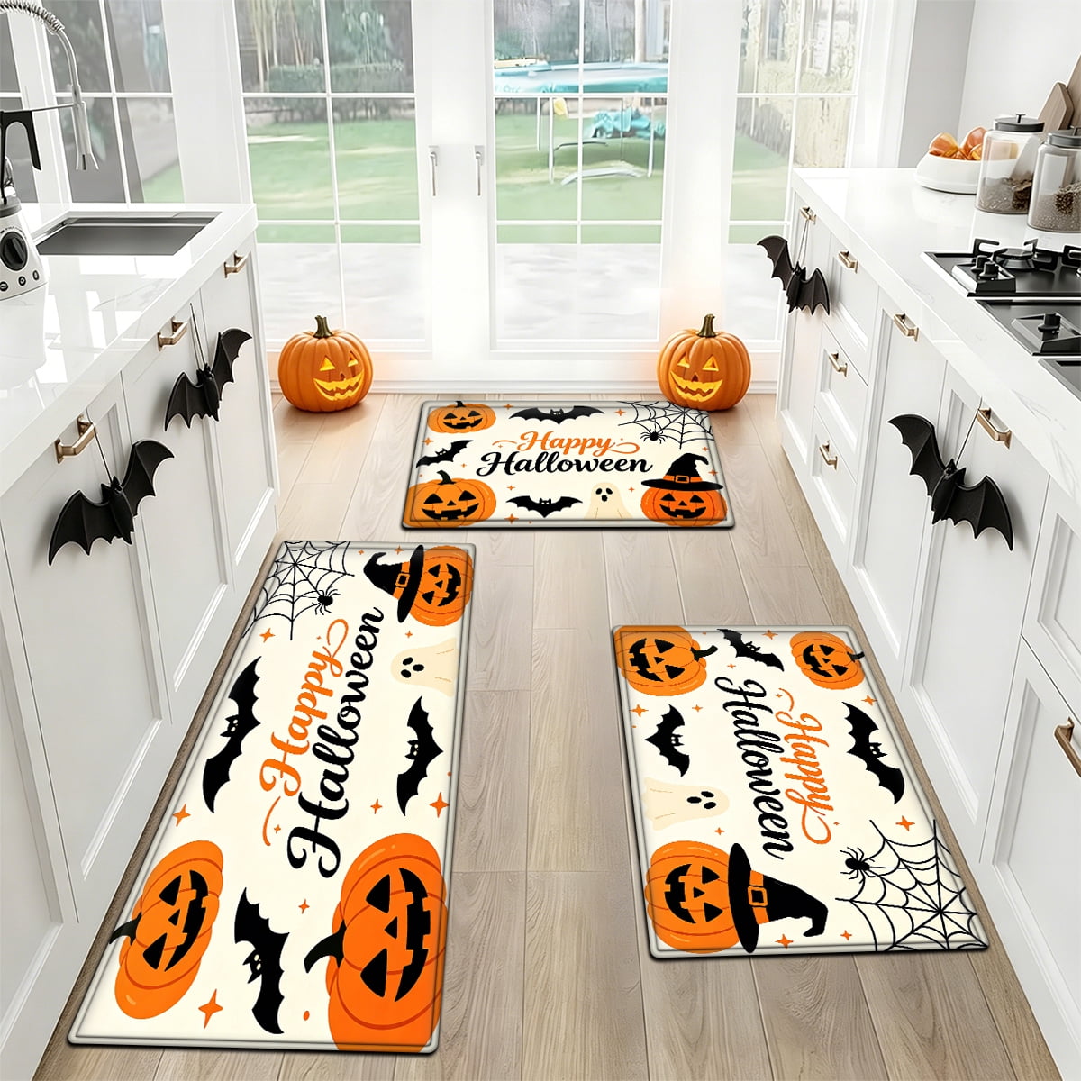YIMEIS Halloween Neon Pumpkin Lanterns 3Pcs Flannel Mat & Kitchen Rugs Set,Soft Non-slip,16''×24'' 20''×30'' 17''×47'' Inches,for Entryway Bathroom