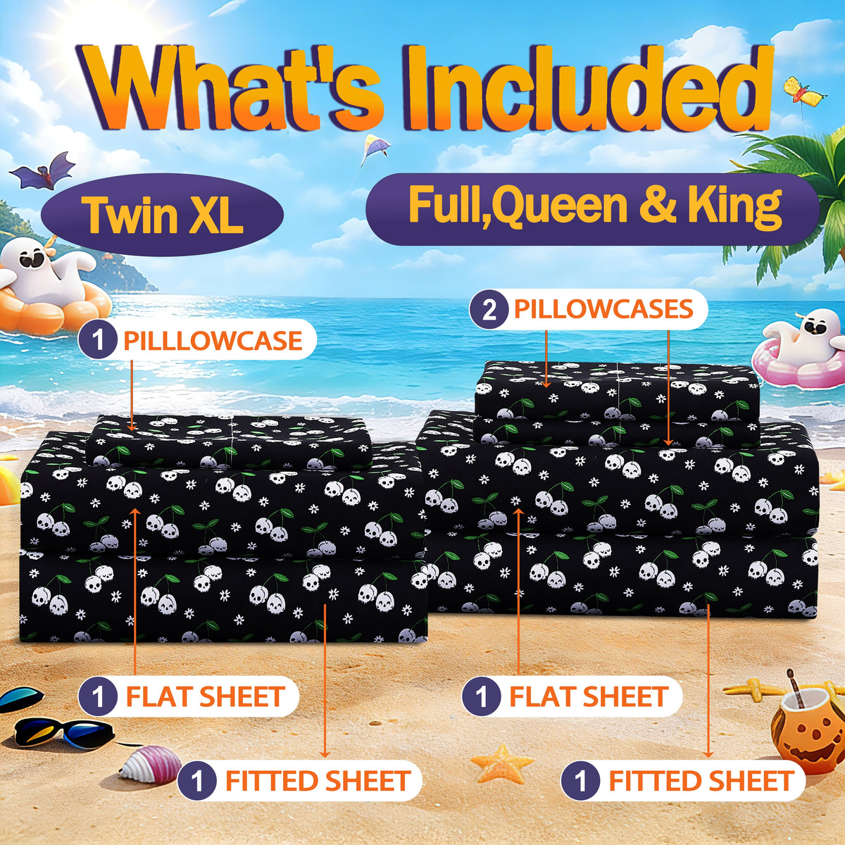 Summerween Crafted by Catherine Full 4-Piece Sheet Set, Black & White Nautical Ghosts