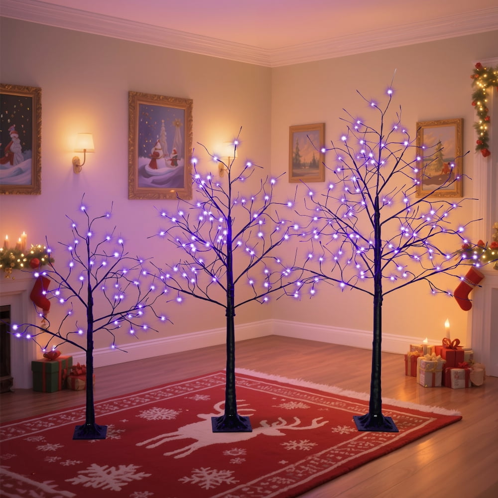 3-Pack Black Adjustable Branches Trees with Purple LED Lights, 4FT 5FT 6FT Pre-Lit Spooky Tree Set for Indoor Halloween Christmas Decor
