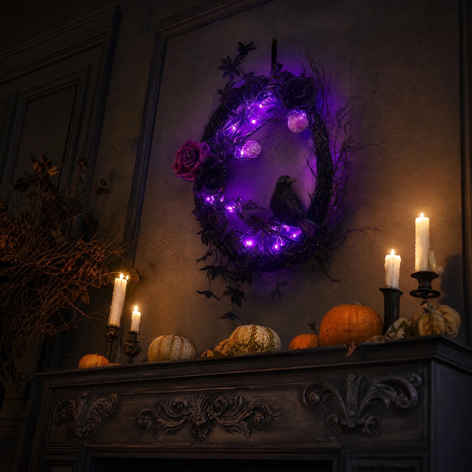 Gothic Mysterious Crow LED Flameless Candle, Luminous Sculpture, Gothic Home Decor Accent, Raven Lamp for Halloween Gifts, Bedroom Bedside, Living Room, Orange