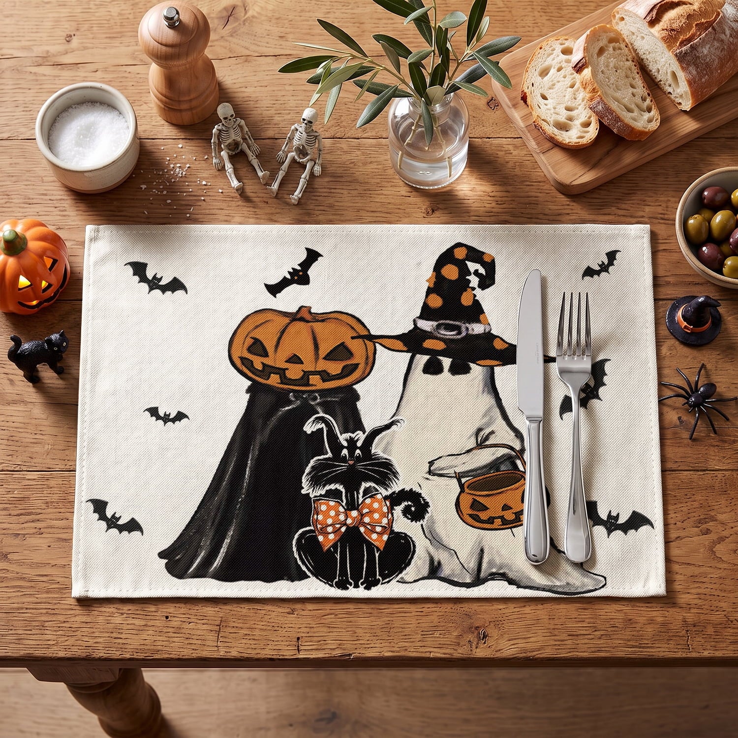 Smile Jack-O'-Lantern Spider Web Halloween Table Placemats Set of 4 Round 15 Inch Black