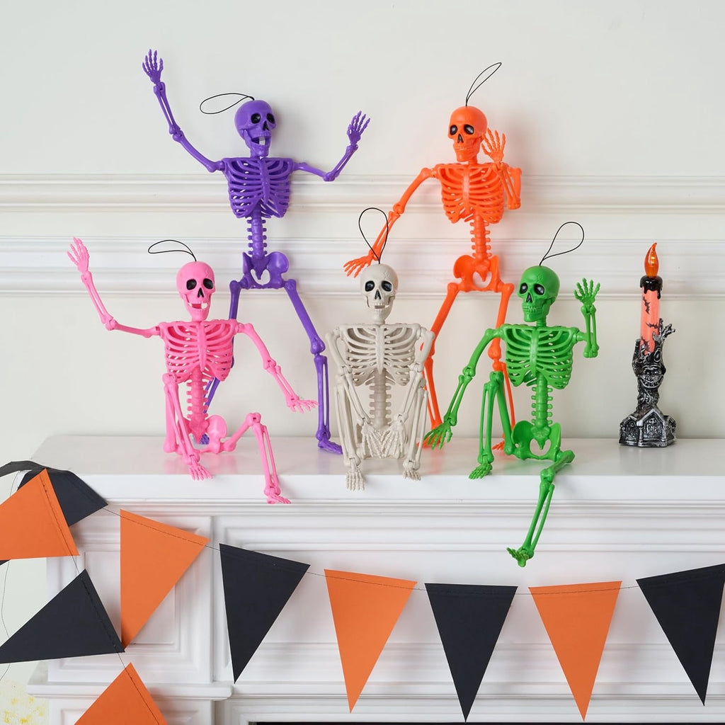 Joyfy 5 Pcs Halloween Skeleton Decorations,16 inch Full Body Poseable Skeleton with Movable Joints for Halloween Indoor Outdoor Party,Graveyard,Haunted House Accessories,White