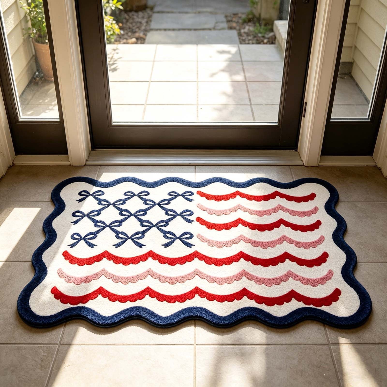Clearance! 4th of July USA Bow Flag Bath Rugs, 24"x16" Red White Blue Decorative Bathroom Mat, Independence Day Embroidered Patriotic Lumbar Decor, Gift for Mom Dad Friend Family