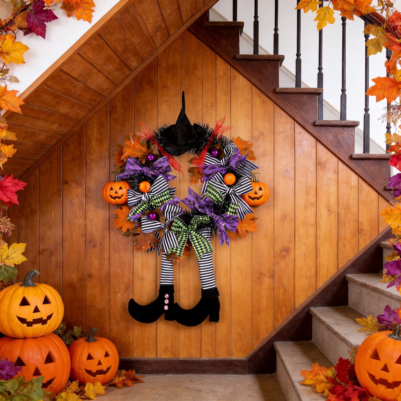 AGCAN 27 Inch Halloween Wreaths for Front Door, Unlit Halloween Wreaths with Witch Hat & Legs, Halloween Decorations for Home, Porch, Window, Indoor, Wall Decor