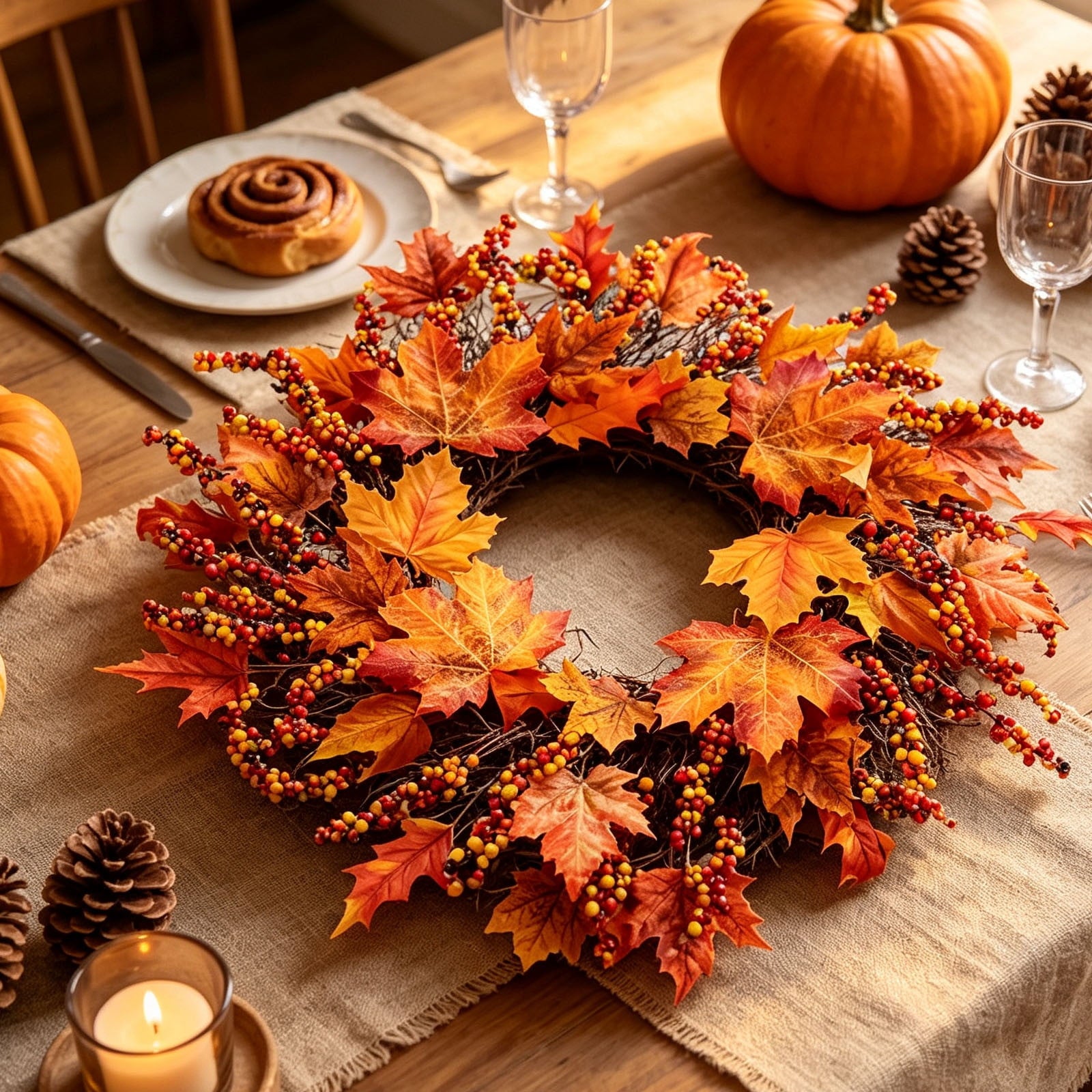 HOARBOEG Autumn Harvest Sunflower Wreath, Artificial Pumpkin Maple Leaf Fall Wreath for Front Door, 21.65 in Thanksgiving Wall Hanging Decor, Outdoor Indoor Harvest Decor