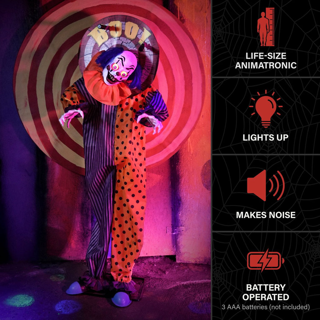 Animated Clown Halloween Animatronic with Red Eyes & Twisting Head, 5.3-Ft, by Haunted Hill Farm