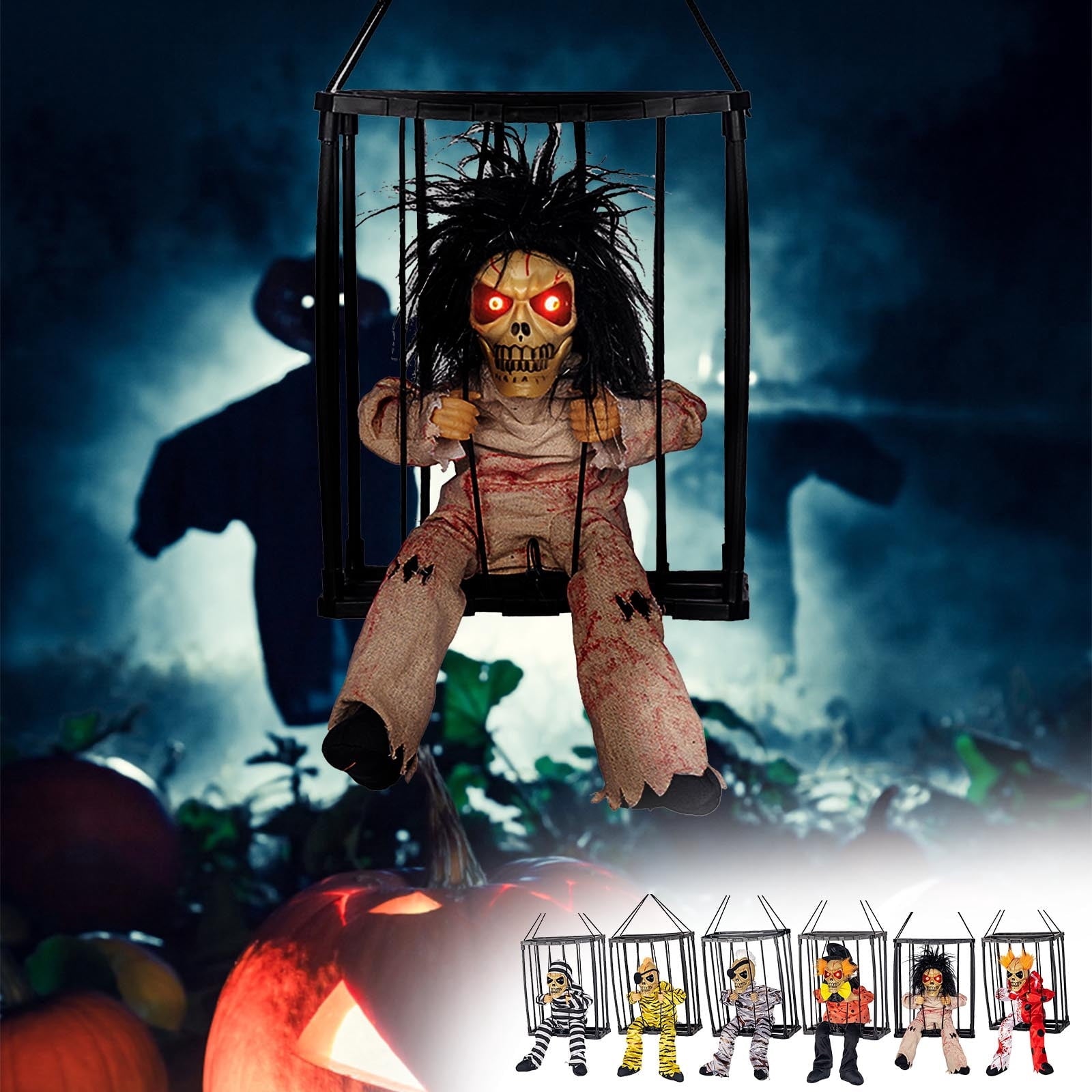 Comefolife Scary Animated Halloween Decorations, Decor Prop with Motion Sensor activated halloween, Skull Cage Prisoner Haunted House Decor, Spooky Hanging Ghost Light Up Eyes Decorations Pranks
