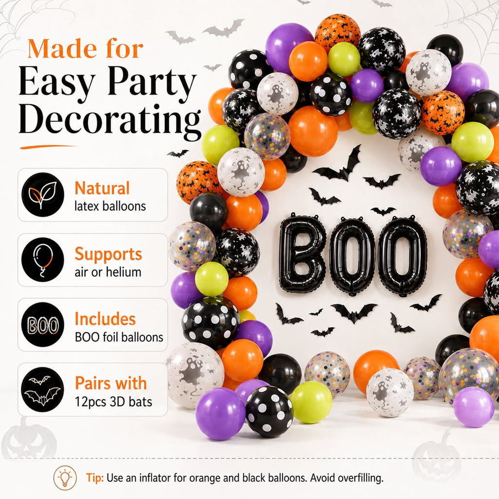 Halloween Balloons, Latex Arch Garland Kit With BOO Foil Confetti Balloons Bat Decoration Set for Halloween Party Decorations 92Pcs