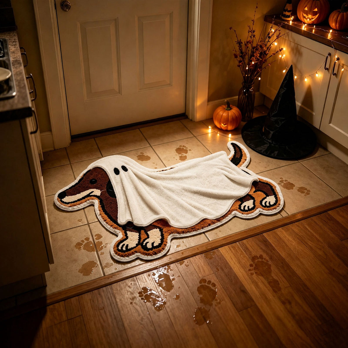 Clearance! Halloween Dachshund Ghost Doormat, Special-Shaped Floor Mat, Faux Wool Absorbent Entry Rug, Funny Cute Dog Silhouette Welcome Mat for Front Yard Doorway Indoor Outdoor, 23.62*15.75"