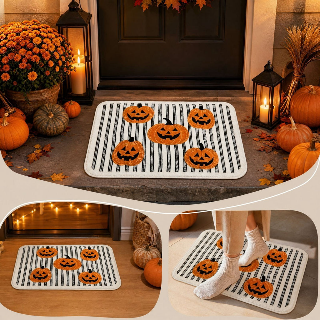 PYURTEP Halloween Door Mat Pumpkin Bat Pattern Entryway Doormats Non-Slip Indoor Outdoor Welcome Mat for Halloween Decor