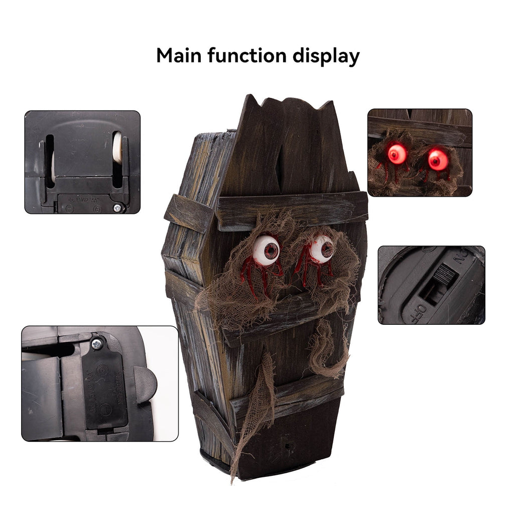 Halloween Animatronics Decorations,Creepy Coffin with Spooky Sounds,Walking Coffins with Light Up Eyes for Haunted House Lawn Yard Graveyard,Animated Coffin with Sound Activated