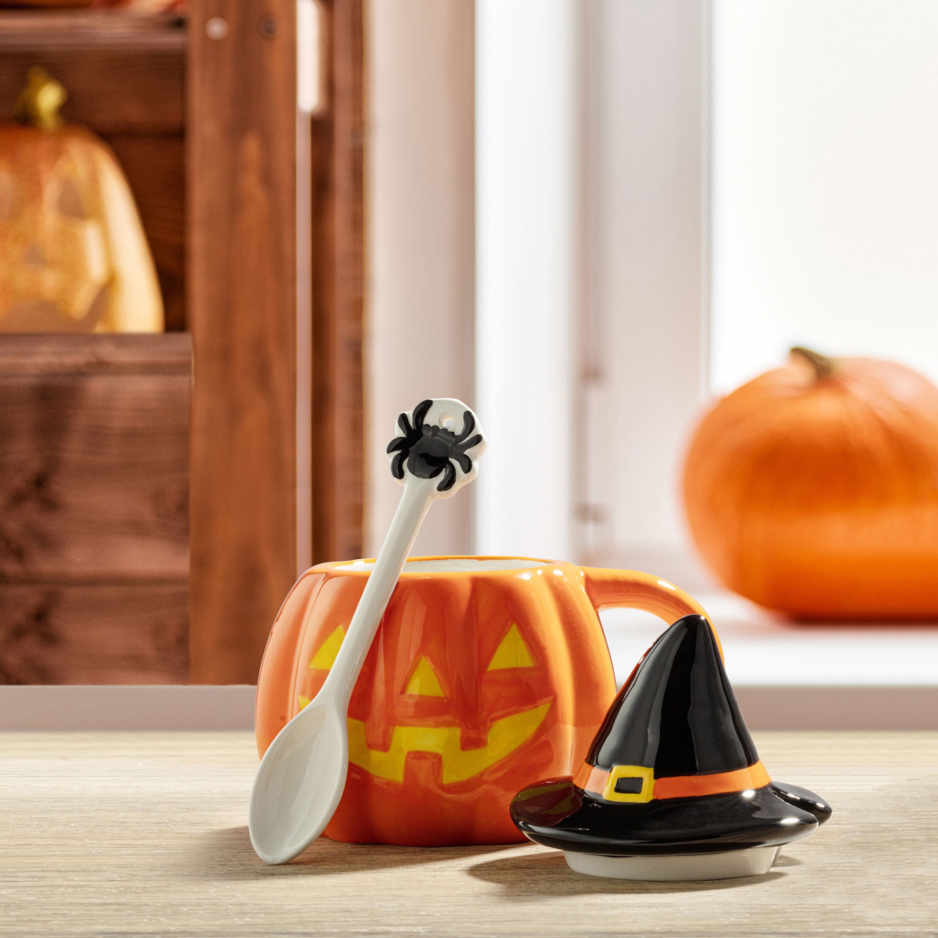 Mr. Halloween 18 oz Lidded Jack-O-Lantern Ceramic Mug with Spoon