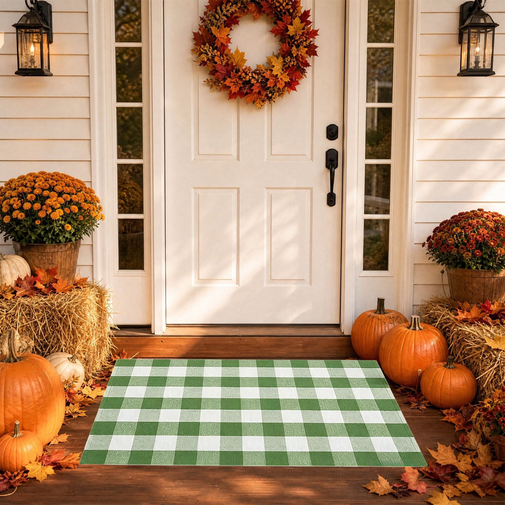 Orange Plaid Fall Outdoor Mat, Hand-Woven Porch Rug for Thanksgiving Halloween Door Decor