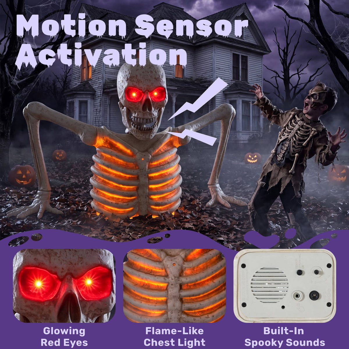 Joyfy 3.3x6.4FT Giant Halloween Groundbreaker Skeleton Decorations Outdoor, Light Up Animated Skeleton, IR Activated with Creepy Sound & Scary Motion, Scary Outdoor Indoor Halloween Decor for Graveya