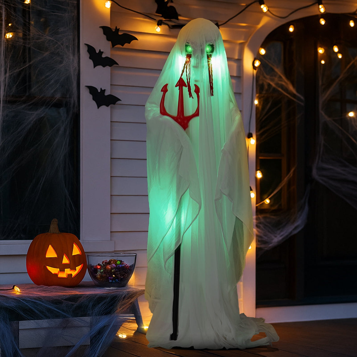 UBesGoo 4.5' Hanging Ghost Animated Halloween Decoration Creepy Halloween Skeleton, Halloween Skeleton with sound and lights